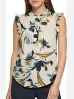 Dkny Floral Sleeveless Ruffle Blouse Small Blue Cream Office Workwear